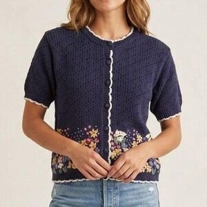 Bryn Connelly Navy Blue Floral Embroidered Short Sleeve Cardigan Sweater Small